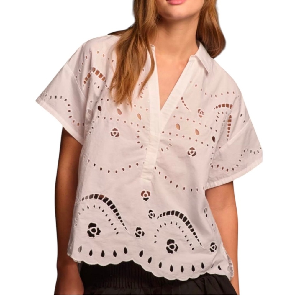 NWT Anthropologie Maeve Short‑Sleeve Boxy Eyelet Popover Blouse | Size L｜| White